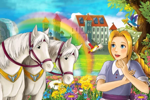 Kreslený Scény Krásným Párem Koní Proudu Rainbow Palác Pozadí Mladá — Stock fotografie
