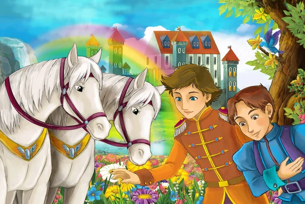 cartoon scene with beautiful pair of horses, stream, rainbow and palace in the background young princes standing smiling and looking illustration for children