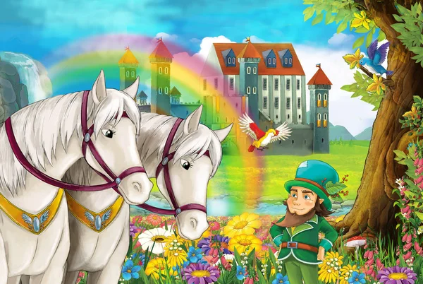 Cartoon Scene Beautiful Pair Horses Stream Rainbow Palace Background Dwarf — Stock Photo, Image