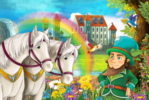 Rajzfilm Jelenet Gyönyörű Pár Patak Rainbow Palace Ban Háttérben Törpe — Stock Fotó