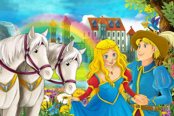 cartoon scene with beautiful pair of horses with rainbow and palace in the background young married couple boy and girl is watching and smiling illustration for children