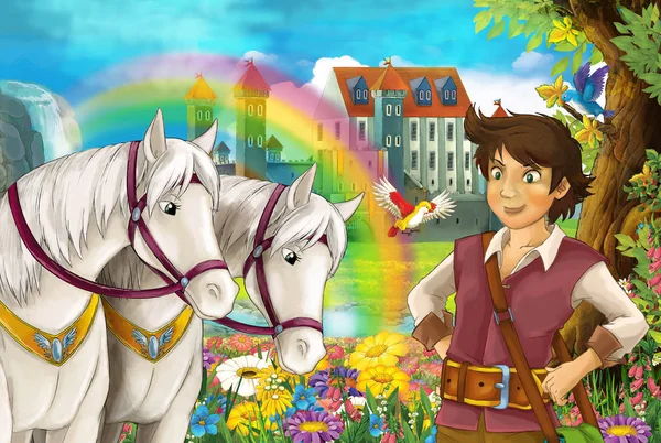 çizgi film sahne atları, akış, gökkuşağı ve arka plan ayakta genç Prens gülümseyen ve çocuklar için seyir illüstrasyon sarayda güzel çifti ile