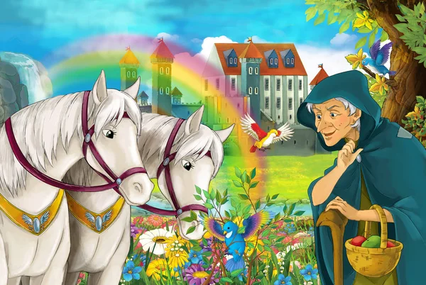 卡通场景与美丽的一对马附近的老太太流彩虹和宫殿的背景下的老妇人 — 图库照片