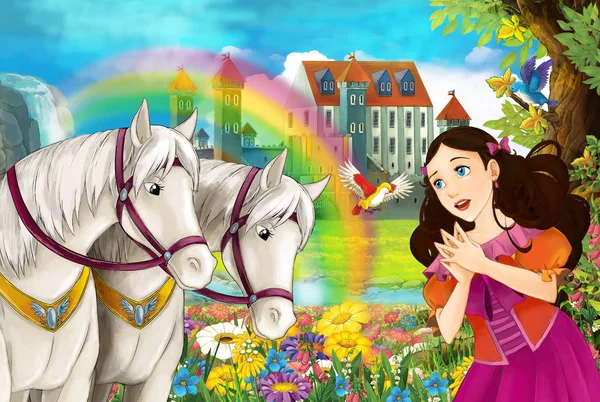 Cartoon Scène Met Mooie Paar Paarden Stream Regenboog Paleis Achtergrond — Stockfoto