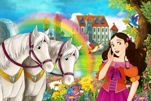 Escena Dibujos Animados Con Hermoso Par Caballos Arroyo Arco Iris —  Fotos de Stock