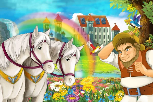 cartoon scene with beautiful pair of horses stream rainbow and palace in the background man is standing and looking illustration for children