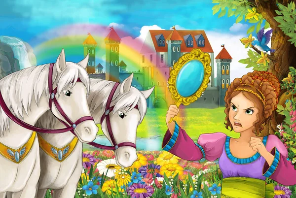 Cartoon Scène Met Mooie Paar Paarden Stream Regenboog Paleis Achtergrond — Stockfoto