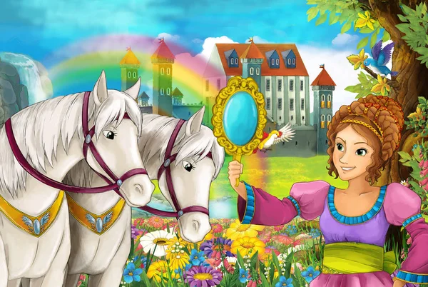 Cartoon Scen Med Vackert Par Hästar Stream Rainbow Och Palace — Stockfoto
