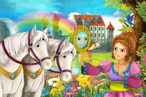 cartoon scene with beautiful pair of horses stream rainbow and palace in the background young girl sorceress is casting spell illustration for children