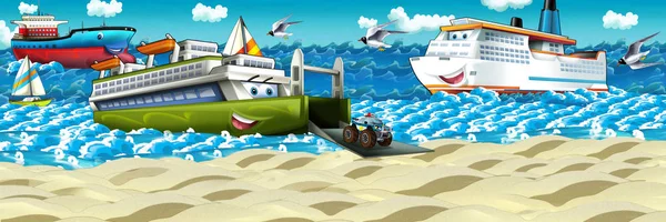 Escena Dibujos Animados Con Ferryboat Feliz Otros Barcos Fondo Ilustración —  Fotos de Stock