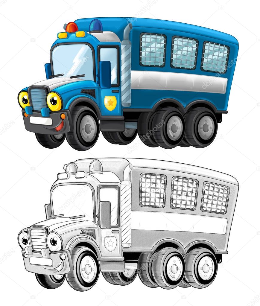 cartoon happy and funny police truck - isolated / smiling vehicle with coloring page illustration for children