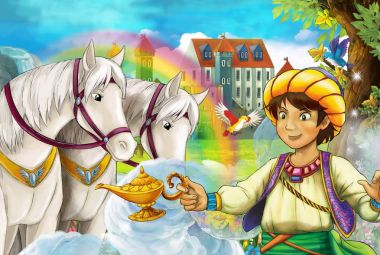 çizgi film sahne atları, akış, gökkuşağı ve arka plan ayakta genç Prens gülümseyen ve çocuklar için seyir illüstrasyon sarayda güzel çifti ile