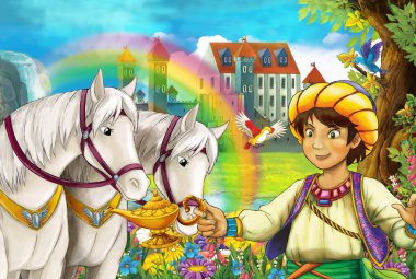 çizgi film sahne atları, akış, gökkuşağı ve arka plan ayakta genç Prens gülümseyen ve çocuklar için seyir illüstrasyon sarayda güzel çifti ile