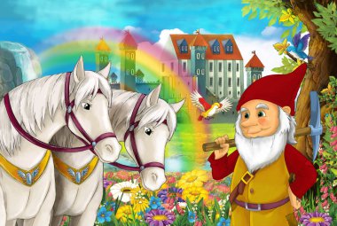 çizgi film sahne atları, akış, gökkuşağı ve arka plan cüce sarayda güzel çifti ile ayakta ve çocuklar için resimde gülümseyen