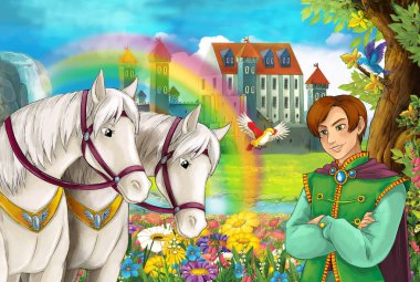 çizgi film sahne atları, akış, gökkuşağı ve arka plan ayakta genç Prens gülümseyen ve çocuklar için seyir illüstrasyon sarayda güzel çifti ile
