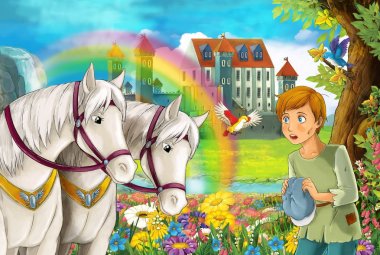 çizgi film sahne atları, akış, gökkuşağı ve arka plan genç zavallı çocuk sarayda güzel çifti ile ayakta ve illüstrasyon çocuklar için arıyorsunuz