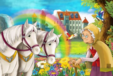 çizgi film sahne güzel atlar akış gökkuşağı ve arka planda Sarayı yakınındaki eski kadın yakınındaki çifti ile