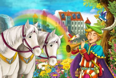 çizgi film sahne atları, akış, gökkuşağı ve arka plan ayakta genç Prens gülümseyen ve çocuklar için seyir illüstrasyon sarayda güzel çifti ile
