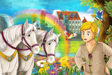 çizgi film sahne atları, akış, gökkuşağı ve arka plan genç zavallı çocuk sarayda güzel çifti ile ayakta ve illüstrasyon çocuklar için arıyorsunuz