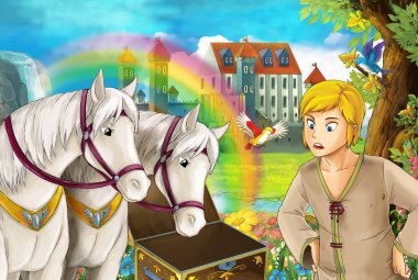 çizgi film sahne atları, akış, gökkuşağı ve arka plan genç zavallı çocuk sarayda güzel çifti ile ayakta ve illüstrasyon çocuklar için arıyorsunuz