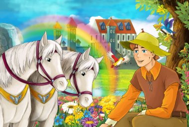 çizgi film sahne atlar ve çiftçi akışı gökkuşağı ve çocuklar için arka plan illüstrasyon sarayda yakınındaki güzel çifti ile