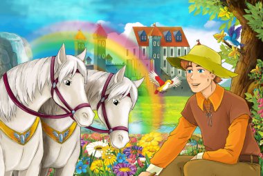 çizgi film sahne atlar ve çiftçi akışı gökkuşağı ve çocuklar için arka plan illüstrasyon sarayda yakınındaki güzel çifti ile