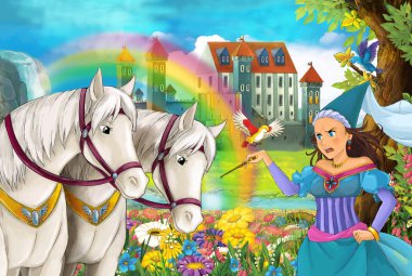 çizgi film sahne güzel çifti ile akış gökkuşağı atlar ve arka plan genç kız büyücü sarayda büyü illüstrasyon çocuklar için döküm