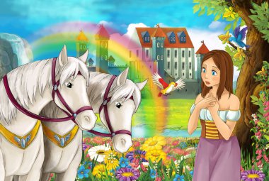 çizgi film sahne güzel çifti ile akış gökkuşağı atlar ve arka plan genç kız büyücü sarayda büyü illüstrasyon çocuklar için döküm