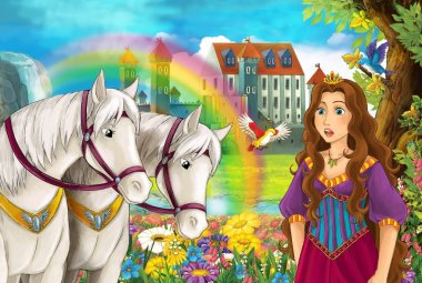 çizgi film sahne güzel çifti ile akış gökkuşağı atlar ve arka plan genç kız büyücü sarayda büyü illüstrasyon çocuklar için döküm
