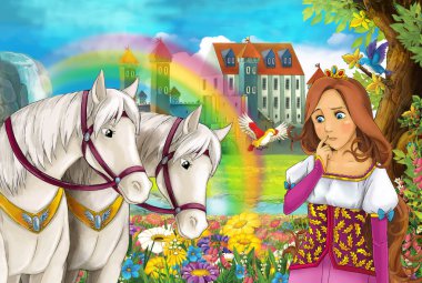 çizgi film sahne güzel çifti ile akış gökkuşağı atlar ve arka plan genç kız büyücü sarayda büyü illüstrasyon çocuklar için döküm