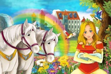 çizgi film sahne güzel çifti ile akış gökkuşağı atlar ve arka plan genç kız büyücü sarayda büyü illüstrasyon çocuklar için döküm
