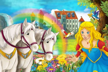 çizgi film sahne güzel çifti ile akış gökkuşağı atlar ve arka plan genç kız büyücü sarayda büyü illüstrasyon çocuklar için döküm