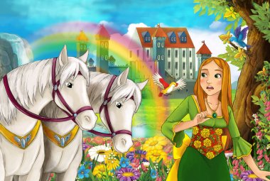 çizgi film sahne güzel çifti ile akış gökkuşağı atlar ve arka plan genç kız büyücü sarayda büyü illüstrasyon çocuklar için döküm