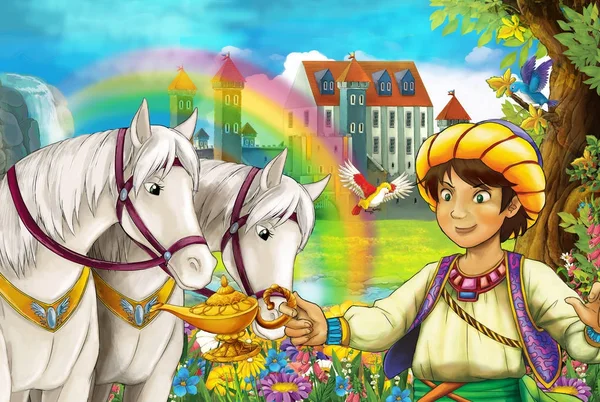 Cartoon Scène Met Mooie Paar Paarden Stroom Regenboog Paleis Achtergrond — Stockfoto