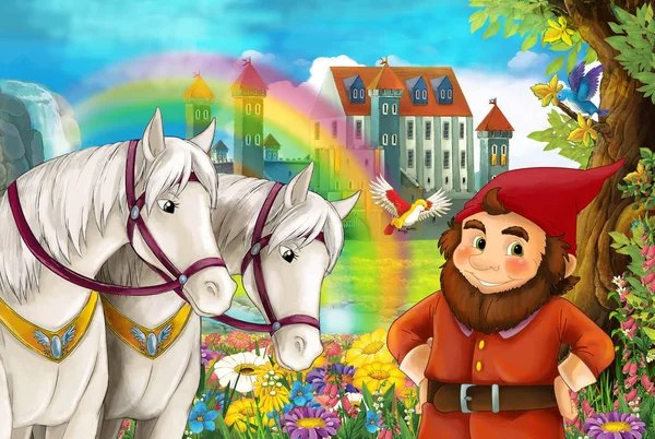卡通场景与美丽的一对马 彩虹和宫殿的背景矮是站立和微笑的儿童插画 — 图库照片