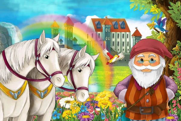 Rajzfilm Jelenet Gyönyörű Pár Patak Rainbow Palace Ban Háttérben Törpe — Stock Fotó