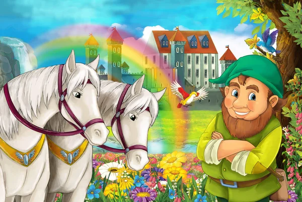 卡通场景与美丽的一对马 彩虹和宫殿的背景矮是站立和微笑的儿童插画 — 图库照片