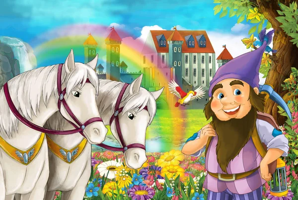 Cartoon Szene Mit Schönen Pferden Bach Regenbogen Und Palast Hintergrund — Stockfoto