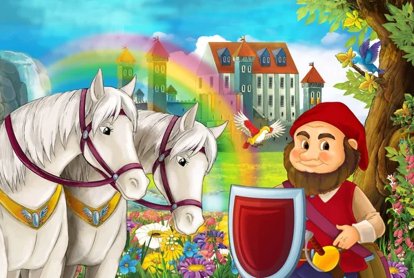 cartoon scene with beautiful pair of horses, stream, rainbow and palace in the background dwarf is standing and smiling illustration for children