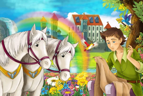 Cartoon Scene Young Boy Working Sewing Meadow Full Flowers Illustration — Stock Photo, Image