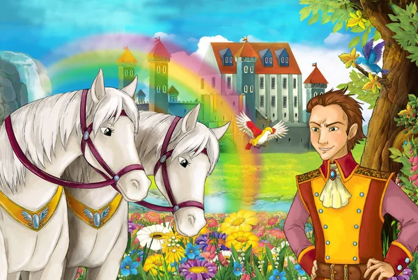 卡通场景与美丽的一对马 彩虹和宫殿的背景年轻的王子站在微笑和寻找儿童插画 — 图库照片