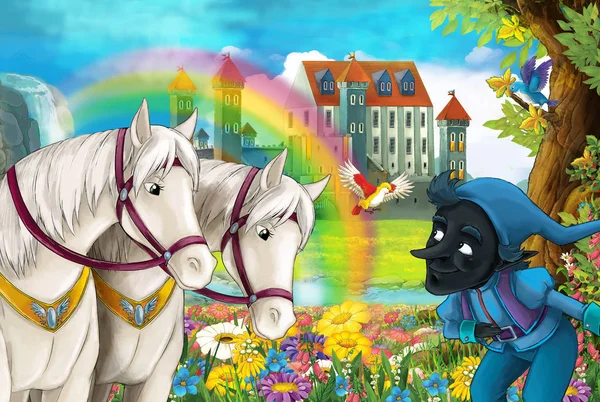 卡通场景与美丽的一对马 彩虹和宫殿的背景小矮人是站立和微笑的例证为孩子 — 图库照片
