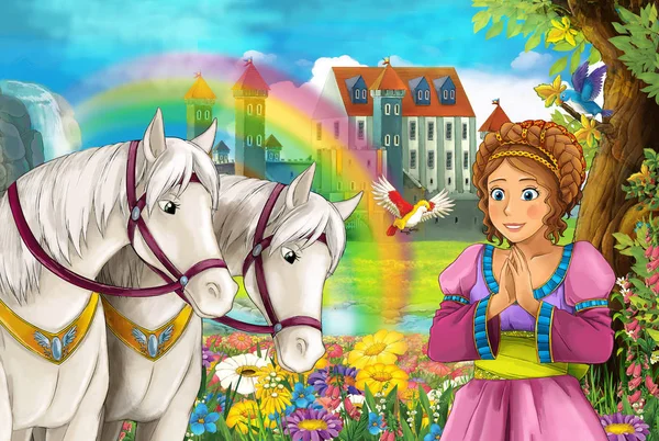 Cena Dos Desenhos Animados Com Belo Par Cavalos Fluxo Arco — Fotografia de Stock