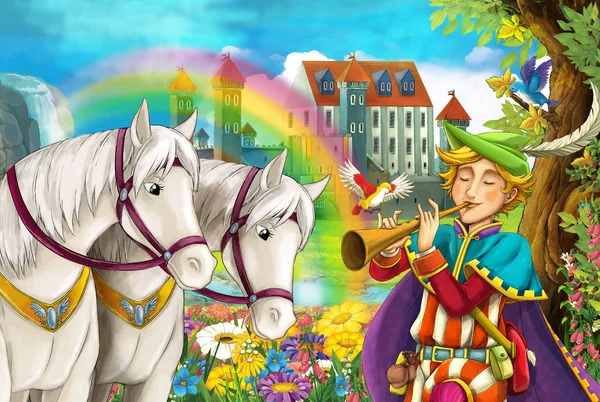 cartoon scene with beautiful pair of horses, stream, rainbow and palace in the background young prince standing smiling and looking illustration for children