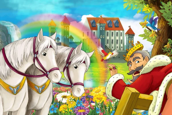 cartoon scene with beautiful pair of horses stream rainbow and palace in the background man is standing and looking illustration for children