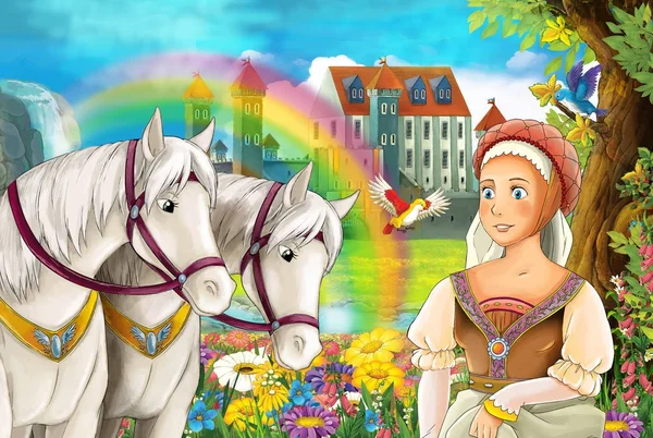 Kreslený Scény Krásným Párem Koní Proudu Rainbow Palác Pozadí Mladá — Stock fotografie