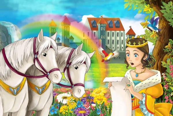 Cartoon Scène Met Mooie Paar Paarden Stream Regenboog Paleis Achtergrond — Stockfoto