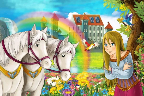 Cartoon Scène Met Mooie Paar Paarden Stream Regenboog Paleis Achtergrond — Stockfoto