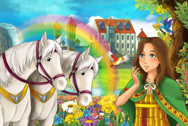 Cartoon Scène Met Mooie Paar Paarden Stream Regenboog Paleis Achtergrond — Stockfoto