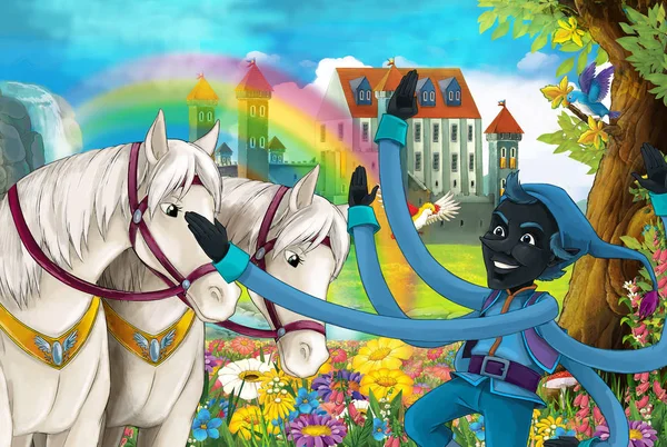 cartoon scene with beautiful pair of horses, stream, rainbow and palace in the background little dwarf is standing and smiling illustration for children